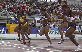 Photo finish ... Veronica Campbell (second from left) pips Lauryn Williams (far right) Photo finish ... Veronica Campbell (second from left) pips Lauryn Williams (far right)